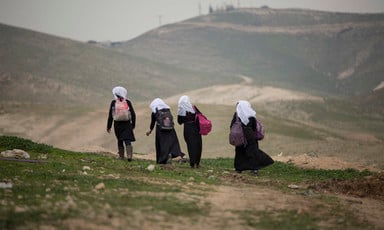 Four students walking on a hill with their backpacks. 