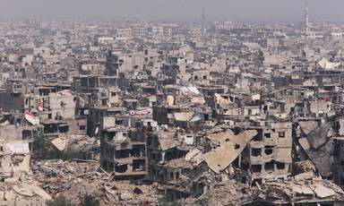 Landscape view of bombed-out and crumbling buildings