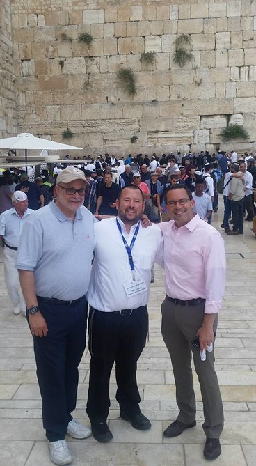 Rabbi Ben Packer (center) with Mark Levin (left) and Paul Teller (right) at the Western Wall plaza in occupied East Jerusalem.