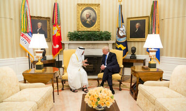 President Donald Trump meets with Mohamed bin Zayed Al Nahyan in the Oval Office. 
