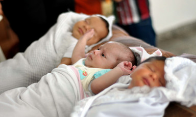 Photo shows three swaddled newborns lying on their backs