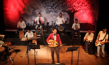 Aerial view of music band performing on stage