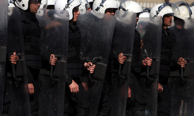 Palestinians anti-riot police deploy in Ramallah against Palestinian protesters.