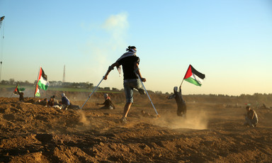 A youth with an amputated leg uses crutches to walk amid protesters holding Palestine flags