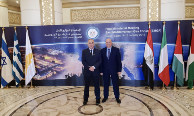 Israeli energy minister Yuval Steinitz and Israel’s ambassador to Egypt David Govrin stand in front of a backdrop to the First Ministerial Meeting of the Eastern Mediterranean Gas Forum. 