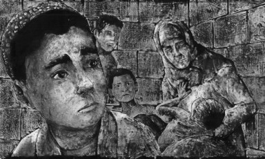 Scratchboard animation shows boy in foreground with children and older woman behind him