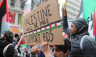 A protester holds a sign that says Palestine will be free, support BDS.