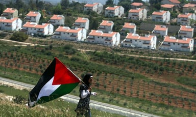 A Palestinian girl holds a Palestinian flag in front of a row of settlement houses.