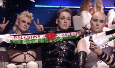 Members of Iceland bang Hatari hold Palestine flag scarves