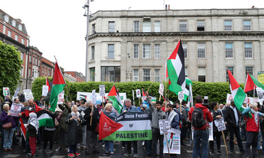Crowd holding Palestine flags and banners stands outside building