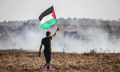 Man walks in front of tear gas cloud while holding Palestine flag 