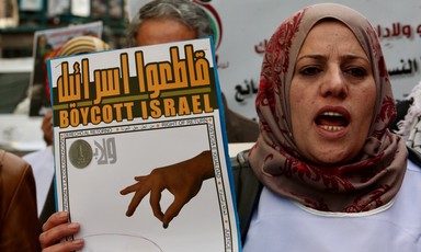 A woman holds a placard that says boycott Israel