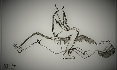 Sketch of a person sitting on another chained person on the ground