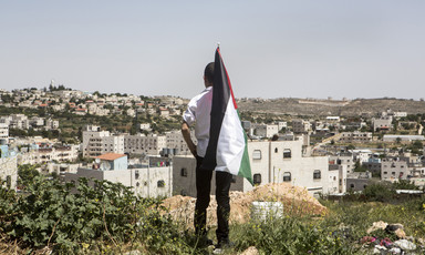 Boy holding Palestine flag looks at Israeli settlement homes