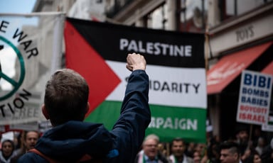 A man at a demo facing a Palestinian flag holds up his fist in solidarity