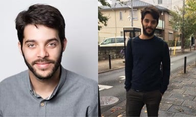 A collage of two photos of man with beard