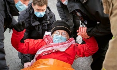 An activist in a mask being carried away by police in masks
