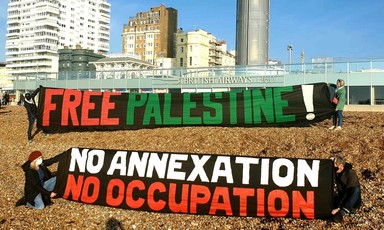 Activists holding banners on a beach reading "Free Palestine" and "No annexation, No occupation"