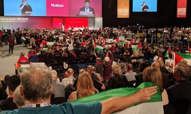 A conference hall crowd waves Palestinian flags