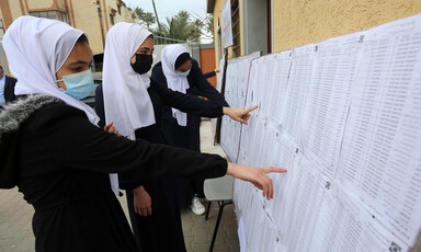 Women point to sheets of paper hung on notice boards