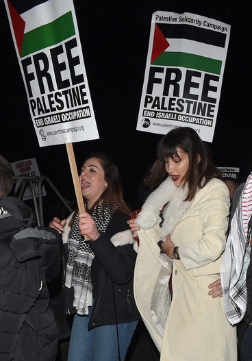 Two women stand beside each other, one holding a placard reading "Free Palestine" 