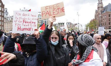 Many people march holding signs