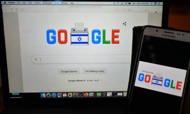 A computer and mobile phone screen, both showing the word Google