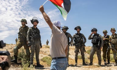 Man seen from back holds flag above line of Israeli soldiers