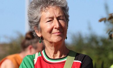 A woman in a Palestinian football shirt