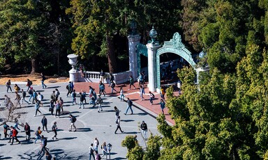 Students walk through a gate 