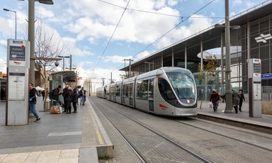 A light rail tram stops in Jerusalem