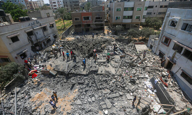 Aerial view of bombed-out city block