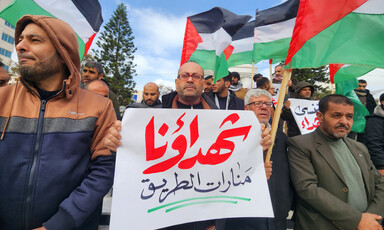 Man holds Arabic-language sign in crowd holding Palestine flags