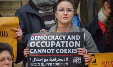 A woman holds a sign reading democracy and occupation cannot coexist