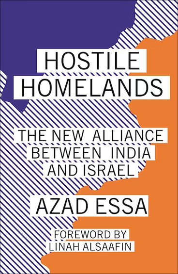 A book cover of Hostile Homelands depicts an abstract map of purple and orange countries drifting apart