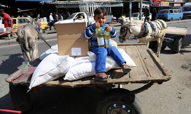 A boy sits on a cart loaded with UN food sacks