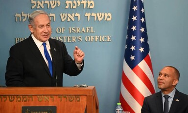 Congressman Hakeem Jeffries looks on as Prime Minister Benjamin Netanyahu speaks