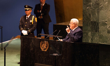 PA leader Mahmoud Abbas gives a speech at the podium of the UN General Assembly