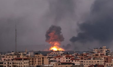 Smoke and fire rises after an airstrike on Gaza