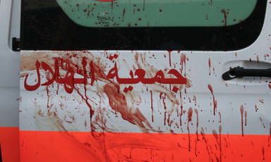 An ambulance covered with blood in Gaza 
