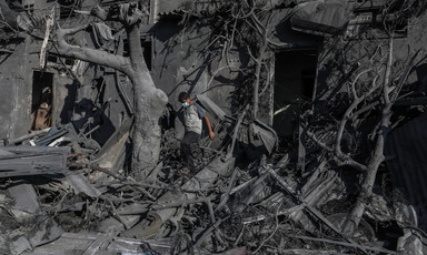 A young boy wearing a mask steps over charred remains of a tree and a house
