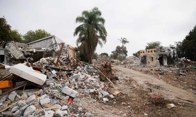 Houses and buildings reduced to rubble in Kibbutz Be'eri