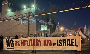 Activists hold a banner that reads No Military Aid to Israel in front of a large cargo ship