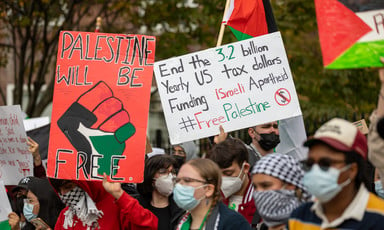 Protesters wearing masks hold signs in solidarity with Palestine