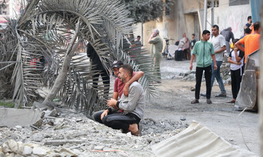 Two men kneel beneath a destroyed palm tree, covered in soot