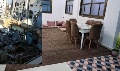 TWo pictures, one showing a neat apartment, the other showing same apartment after it was bombed