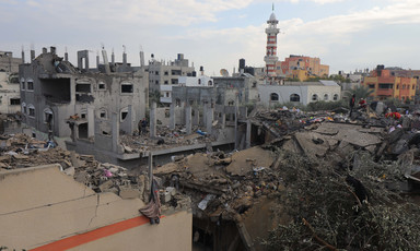 Destroyed and damaged buildings following an Israeli attack on central Gaza 
