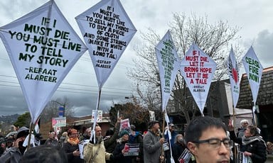 A number of kites bearing quotations from the poem If I Must Die are held up by people attending a protest 