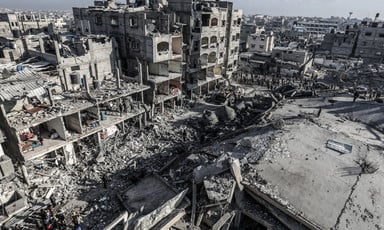 An aerial view of the area around a mosque in the southern Gaza city of Rafah following an Israeli airstrike 