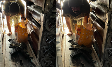 A collage of two images that appear to be taken in the same setting showing an Israeli soldier leaning over a yellow bag in the back of a tank